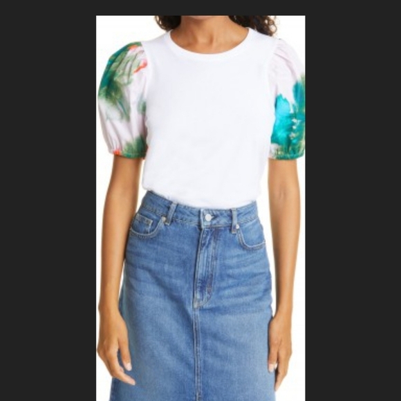 Tanya Taylor 3X White Tee Elevated T Shirt Watercolor Puff Sleeve Organic Cotton - Picture 11 of 12